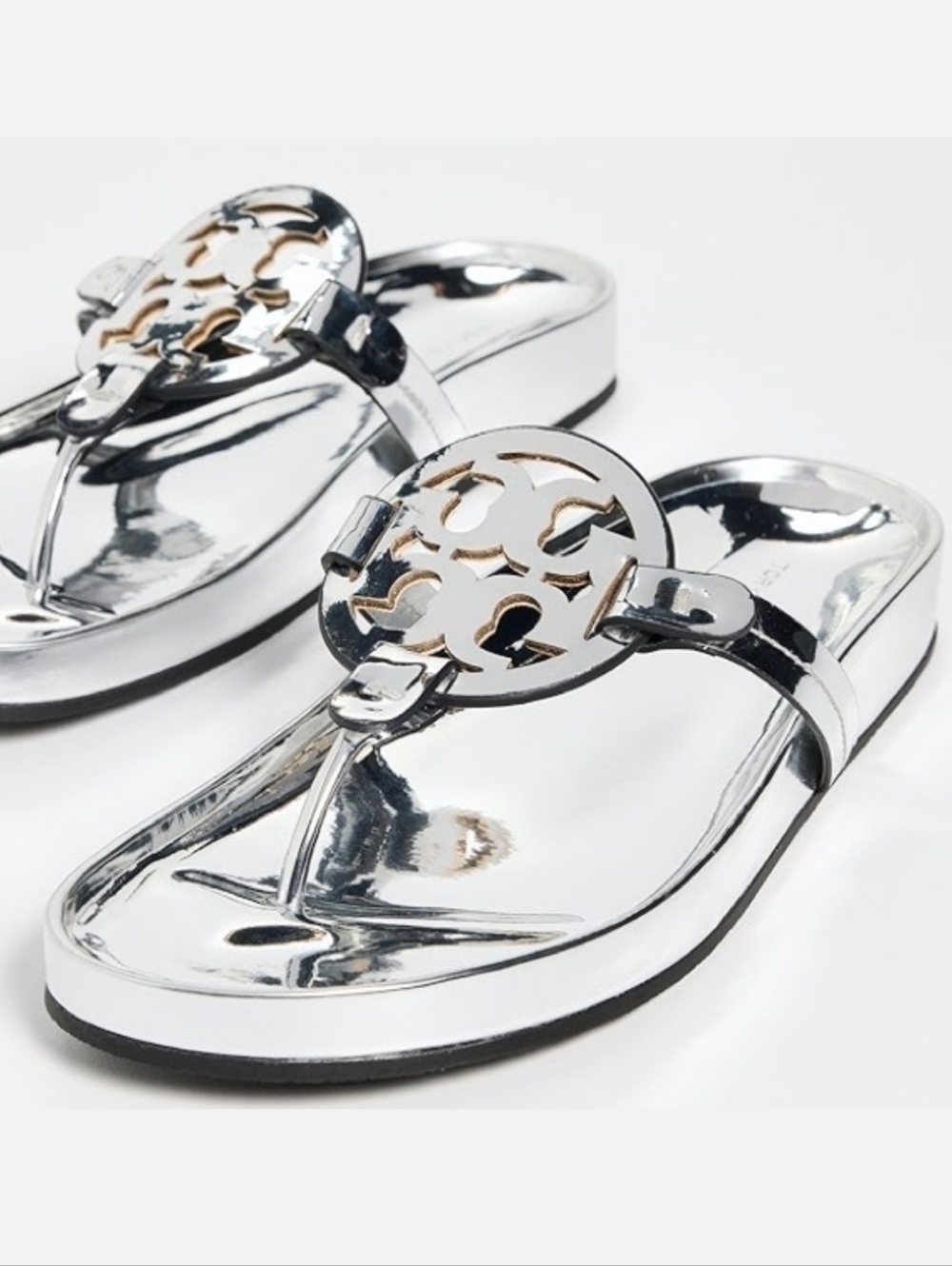 Tory Burch Metallic Silver Logo Thong Sandals